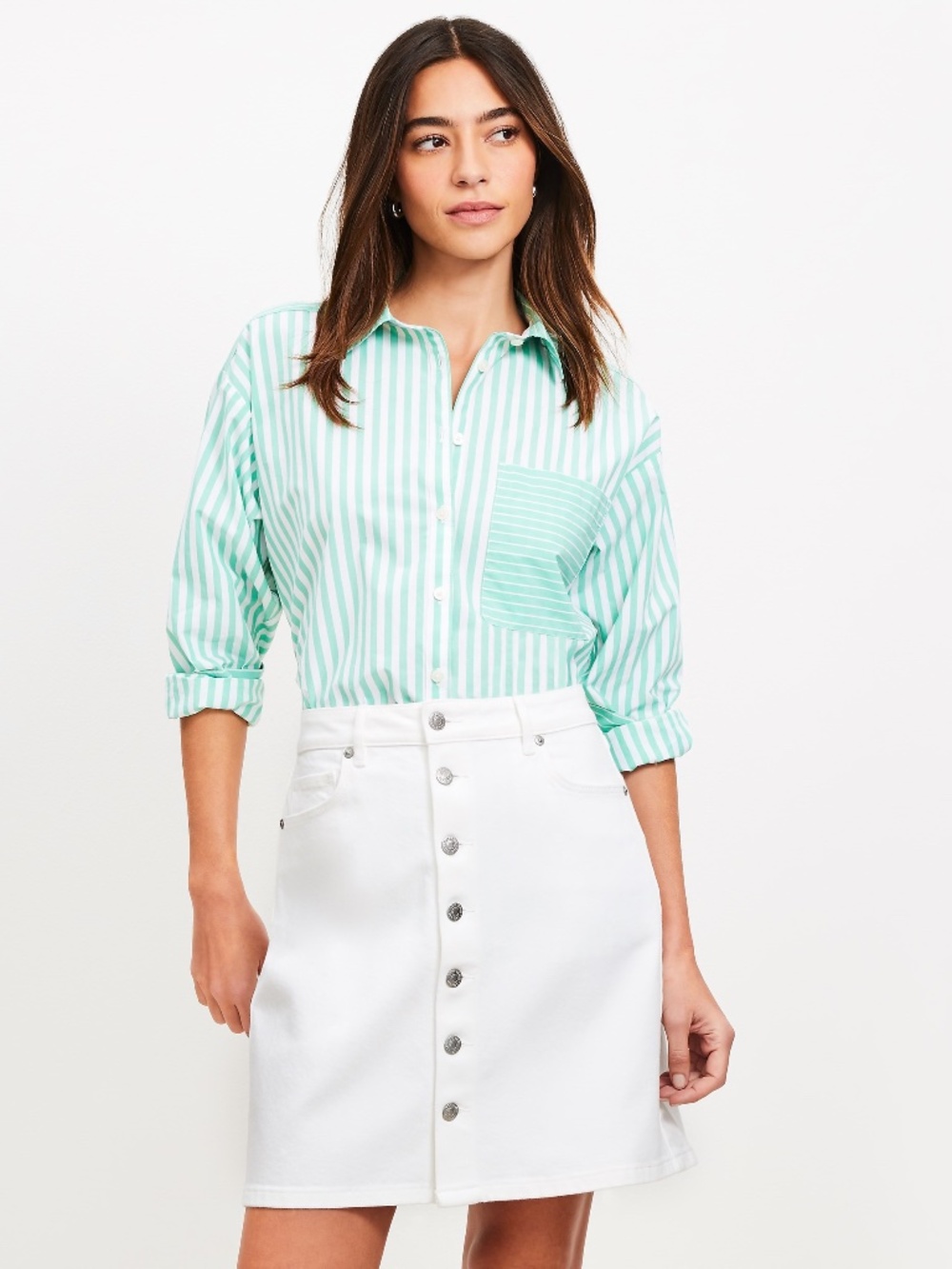 Button Denim Mini Skirt in White Loft 12 petite